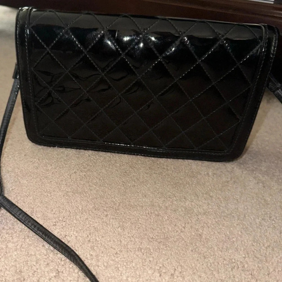 Vintage Ande' Mid Century Black patent leather Quilted Purse W shoulder strap - Picture 8 of 12